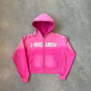 Sudadera con capucha y cremallera para hombre con logotipo personalizado, lavada con ácido, contraste, Rosa degradado, diamantes de imitación - Product Image 2