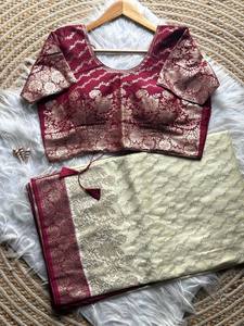 Sari de seda Dola pura de diseñador con borde de tejido Zari, Fiesta tradicional india y función de boda. - Product Image 3