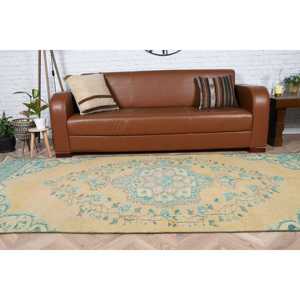 Alfombra Turca de 4x9.4 pies, Alfombra Vintage, Alfombra Ikat Azul y Amarilla - Product Image 2