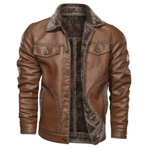 Chaqueta de Motociclista de Cuero Genuino Marrón para Hombre, Forro de Sherpa, Cuello Camisero, Resistente al Viento, Invierno, Estilo Urbano Ecológico - Product Image 2