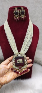 Ensemble de collier long en perles AD plaqué or antique élégant, bijoux ethniques traditionnels en laiton pour femmes et filles, vente en gros - Product Image 2