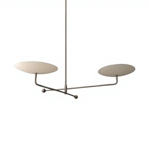 Mid Century Modern Linear Chandelier Antique Brass Double <b>Disc</b> Ceiling Light Minimalist 2 Light Italian Style Pendant Fixture - Product Image 1