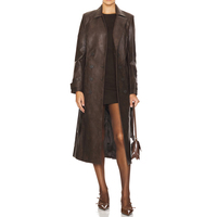 Trench-coat long Bardot tendance en similicuir vegan chocolat foncé de haute qualité pour femme, léger et à double boutonnage