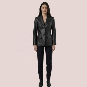 Blazer en cuir véritable noir pour femmes, veste à deux boutons, manteau en cuir tendance - Product Image 1
