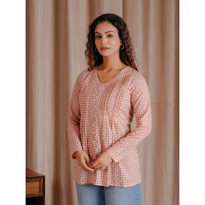 <b>Peach</b> Green Butti Cotton Short <b>Top</b> with Ruched Decoration - Product Image 4