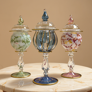 Brûleur d'encens en verre marbré avec couvercle, soufflé à la main, Mabkhara égyptienne sur pied, bord doré, encensoir Oud Bakhoor, vente en gros, décoration d'intérieur - Product Image 1