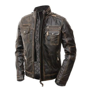 Mens Motorcycle Biker <b>Vintage</b> Distressed Brown Cafe Racer Real genuine leather <b>Jacket</b> - Product Image 2