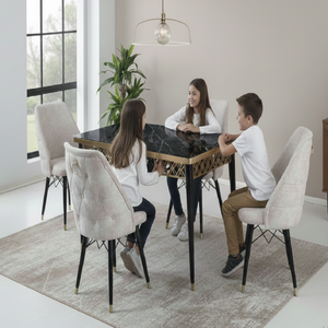 Tempered Glass Top Expandable <b>Dining</b> Table <b>6</b> <b>Chairs</b> Set Modern Design Durable Metal Legs Eco-Friendly Chipboard Home <b>Dining</b> Room - Product Image 2