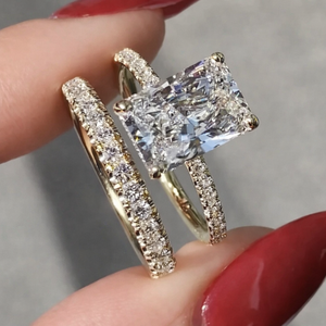 ชุดเครื่องประดับเจ้าสาวมอยส์ซาไนต์ทรงเรเดียนท์คัท 5.23 กะรัต แหวนหมั้นทองคำแท้ 14K ชุบแพลตตินัม ประดับเพชรแบบเพฟ ดีไซน์ทันสมัยสำหรับงานแต่งงาน - Product Image 1