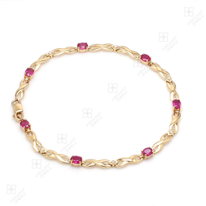 Joyería de lujo, pulsera de piedras preciosas naturales de rubí y diamantes, pulsera de tenis de peso ligero de oro amarillo fino de 14K - Product Image 1