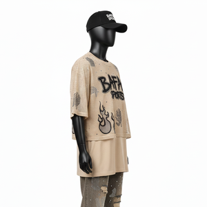 Camisas de Doble Capa para Mujer, Malla de Poliéster Premium y Tela de Color Beige, Logotipo Personalizado con Pedrería, Camisas de Doble Capa de Algodón - Product Image 5