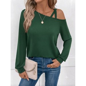 Blusa de viscosa de dos hilos con detalle de rayas cruzadas y un solo hombro para mujer, 37483 - Verde - Product Image 1