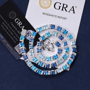 Mode 925 Sterling Silver Vvs Moissanite 6.5mm Bleu Baguette Diamant Tennis Chaîne Collier Été Bleu Dégradé Couleur Bijoux - Product Image 2