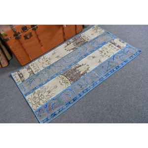 Alfombra Turca Vintage, Alfombra Pequeña de 2.5x4.5 pies, Alfombra Azul Marrón con Diseño de Camuflaje - Product Image 1