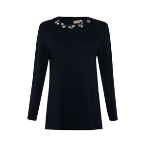 Blusa a Rayas Azul Marino con Cuello Bordado para Mujer - Product Image 1