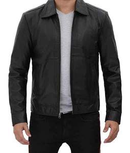 Burr Men Black Vintage Shirt Collar Chaqueta de cuero - Product Image 1