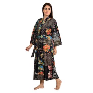 <b>Kantha</b> Stitch 100% Cotton Reversible Long Kimono Women <b>Jacket</b> Handmade Stitch Robe Black Patchwork Print Swimsuit Cover Ups - Product Image 5