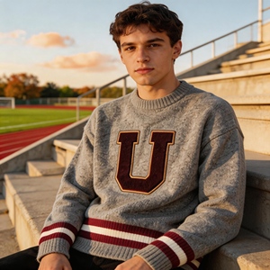 Suéter Retro Universitario BSCI/WRAP <span class=keywords><strong>con</strong></span> Cuello Redondo para Hombre, Parche de Letras de Fieltro Bordado, Puños a Rayas, Top de Punto Vintage para Otoño - Product Image 3