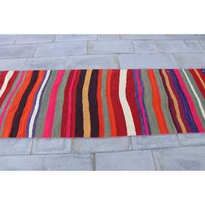 Turkish <b>Runner</b> Rug 2.8x10.8 ft, Vintage Kilim <b>Red</b> Ikat Wool Rug - Product Image 4