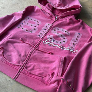 Sudaderas con capucha para hombre con estampado personalizado de diamantes de imitación lavados con ácido desgastado Vintage, chaqueta con cremallera, brillo de piedras preciosas desteñidas al sol - Product Image 2