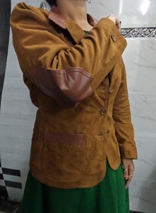 Automne femmes veste en peau de mouton à double boutonnage vert daim uni teint motif solide coupe-vent bouton printemps hiver doublure en soie - Product Image 2