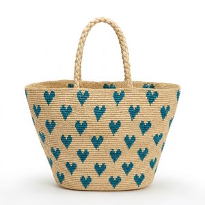 Bolso de Hombro de Rafia Hecho a Mano con Patrón de Corazones, Bolso Tote de Paja con Parte Superior Abierta y Dos Asas, Bolso de Verano para Mujer - Product Image 6