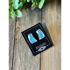 Navajo Made Blue Opal <b>Stud</b> <b>Earrings</b> in <b>Sterling</b> <b>Silver</b> Geometric Design - Product Image 4