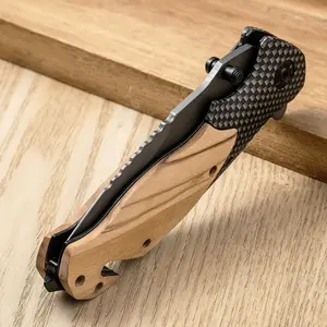 2024 High Quality Olive Wood Handle Knife Tactical Multi-functional Stainless Steel Folding Knife Camping Survival Tool