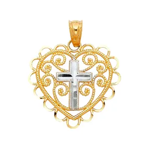 Elegante 14K due toni placcato oro croce e cuore in filigrana simbolo di amore e fede artigianato di alta qualità