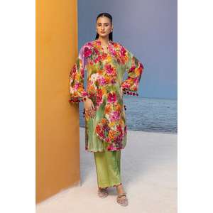 Traje de dos piezas sin coser verde estampado para mujer, formal, con estampado digital, talla grande XS, cuello mandarín, cremallera, para eventos. - Product Image 5