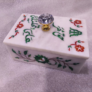 Joyero Rectangular de mármol blanco hecho a mano con incrustaciones florales y de caligrafía, baratija de piedra decorativa con perilla de cristal - Product Image 1