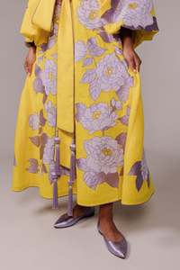 Robe col V en lin floral bohème ukrainien pour femmes jaune Ethinic brodé manches longues naturel respirant automne dos - Product Image 2