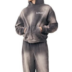 Survêtements en molleton gris vintage avec logo personnalisé survêtements délavés au soleil 400 g/m² ensemble pantalon de survêtement et sweat à capuche vierge délavé à l'acide - Product Image 5