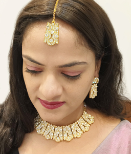 Cristal Rhinestone gargantilla collar pendientes Maang Tikka cabeza cadena boda indio joyería conjunto para mujer - Product Image 3