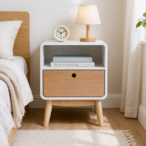 Table de chevet moderne en MDF éco-responsable et durable, placage frêne, accents blancs en bois d'hévéa, couleur naturelle, mobilier de chambre pour hôtel et appartement - Product Image 2