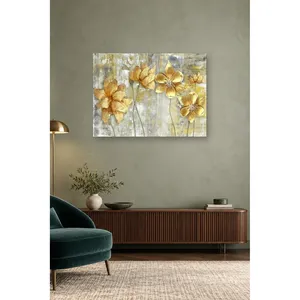 Fida Fleurs dorées sur fond texturé gris Impression sur toile - Product Image 4