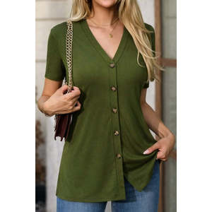 Women'<b>s</b> Short-Sleeved V-Neck Button-Front Viscose <b>Blouse</b>, 35904 - Khaki - Product Image 1