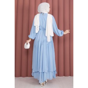 Vestido de Gasa Azul Bebé con Detalle de Volantes Asimétricos, Silueta en A Modesta con Cintura Imperio - Product Image 5
