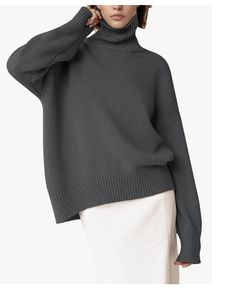 DIRECT FACTORY CUSTOM LOGO NEW ARRIVAL TURTLE NECK SWEATER CHUNKY <b>LONG</b> SLEEVE KNITTED PULLOVER HIGH LOW HEM TRENDY TOP - Product Image 2