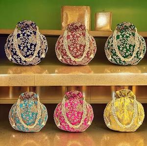 Custom Embroidered Pakistani Evening Potli Drawstring Pearl Decorative Embroidery Bridal <b>Wedding</b> Gift Purse - Product Image 5