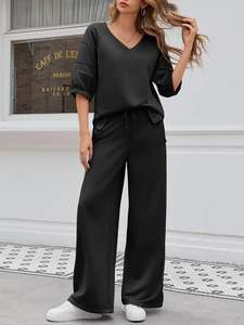 Femmes 2 pièces salon ensemble été tenues 3/4 manches col en V hauts surdimensionné jambe large pantalons longs entraînement survêtement ensembles - Product Image 6