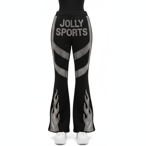 Women Flare Pant premium 260 GSM polyester spandex fabric black rhinestone hotfix side panels custom logo Women's Pant - Product Image 1