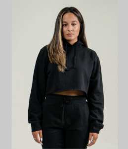 2025 <b>Long</b> <b>Sleeve</b> <b>Cropped</b> Hoodie Ladies <b>Black</b> Cotton Fleece Women Sweatshirt Shorts Sets with Drawstring Outerwear Clothing OEM - Product Image 4