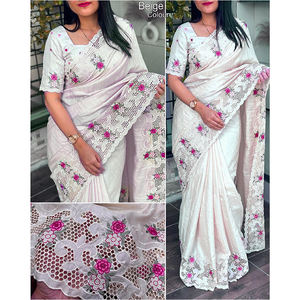 Sari en coton Tusser de qualité supérieure, élégant, traditionnel, magnifique, avec broderie et travail de découpe, disponible pour les occasions spéciales - Product Image 1