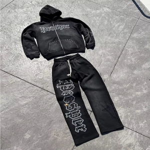 OEM Men's Custom Screen Printed Washed <b>Rhinestone</b> Hoodie Set <b>rhinestone</b> Flared Stacked Tracksuit Sweat suit for Winter - Product Image 2