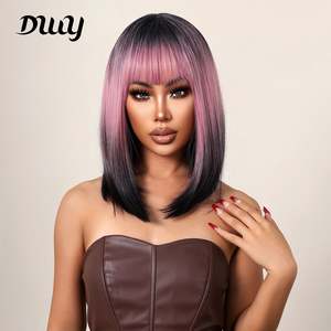 16 Inches <b>Long</b> Straight Pink Gradient Black Synthetic <b>Wigs</b> Bangs for Women Daily Use Party Cosplay Taking Stretched 32 Inches - Product Image 1