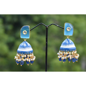 Boucles d'oreilles jhumki en laiton pour filles et femmes, finition mattefining meenakari partywear, perles bleues - Product Image 4