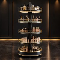 Présentoir Rotatif Noir et Or pour Cosmétiques, Étagère Circulaire en Verre avec Éclairage LED sur le Bord, Carrousel pour Boutique de Beauté