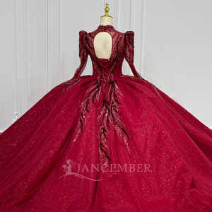 XS236 Muslim High Neck Red Full Sleeve Lace Beading Appliques <b>Crystal</b> <b>Ball</b> Gown Natural Waist Print Evening Party Dresses - Product Image 6