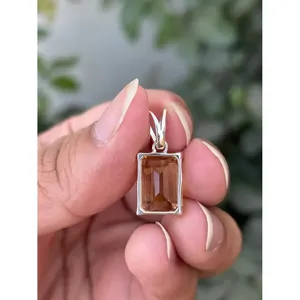 925 Silver <b>Emerald</b> Cut Citrine Necklace with Bezel Setting Diamond Shape Inlay - Product Image 4